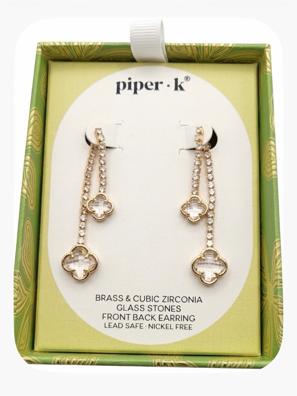 NWT ⚜️💎⚜️ Piper K Clover Front Back Earrings with Cubic Zirconia, Glass Stones